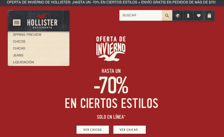 Ejemplo de promoción en Hollister 70% descuento