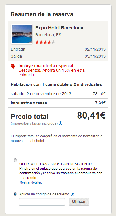 Realización de reserva con codigo descuento Hotels.com