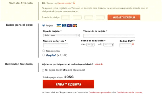 Realización del pedido con codigo promocional Atrapalo.