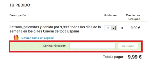 Realización del pedido con codigo descuento Groupon.