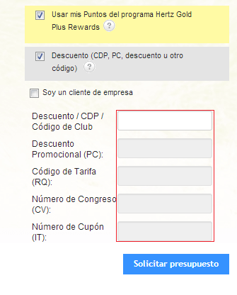 Realización del alquiler de coche con un codigo promocional Hertz