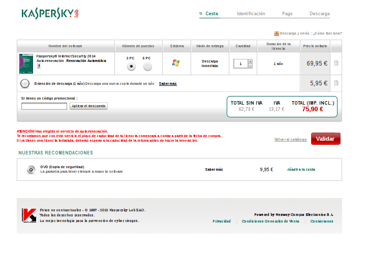 Realización del pedido con codigo promocional Kaspersky 