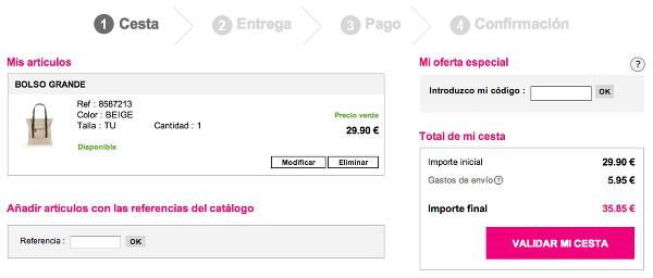 Realización de pedido con código promocional La Redoute