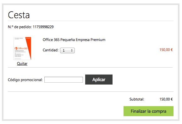 Realización del pedido con codigo promocional Microsoft Store