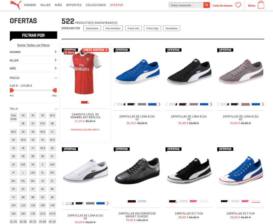 oferta de la tienda online puma