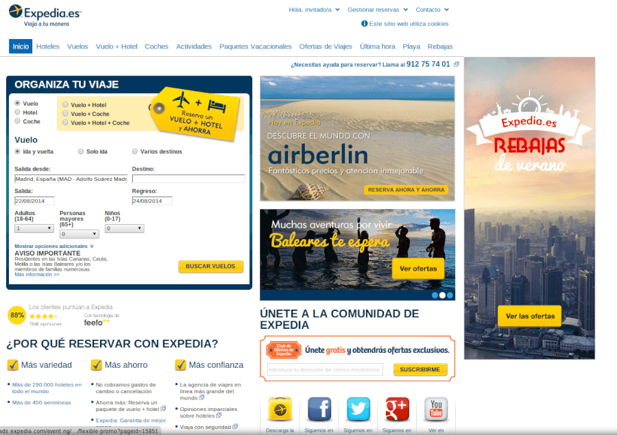 Página principal Expedia - ahorra en tus viajes