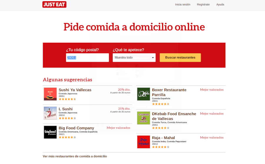 Just Eat Principal Página principal de Just Eat