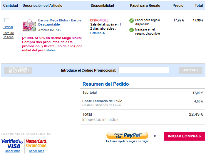 Realización del pedido con codigo promocional ToysRus