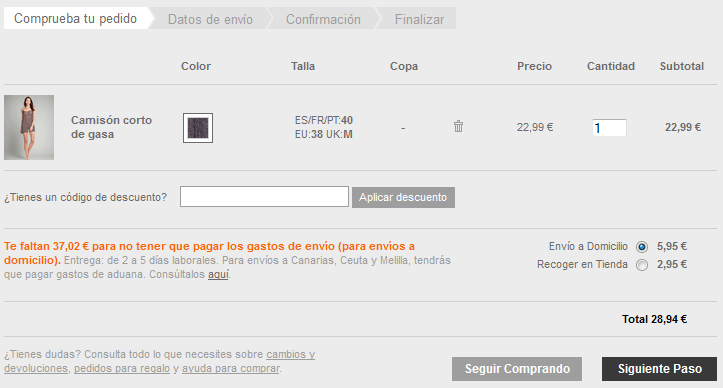 Realización del pedido con codigo descuento Women'secret