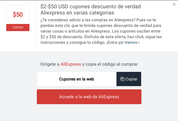 Ejemplo de un Código Descuento Aliexpress